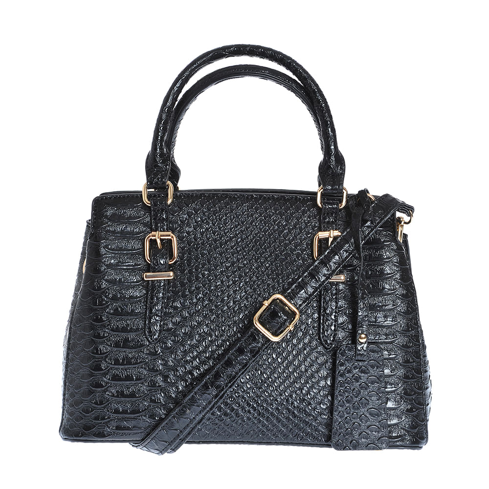 Geanta neagra cu manere fixe si aspect piele de sarpe