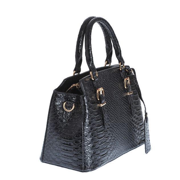 Geanta neagra cu manere fixe si aspect piele de sarpe