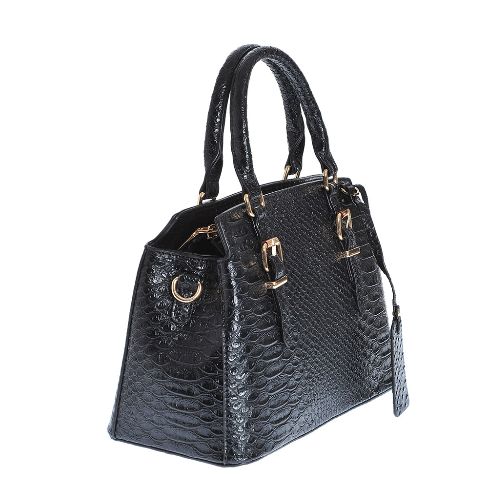 Geanta neagra cu manere fixe si aspect piele de sarpe - 1 | YEO