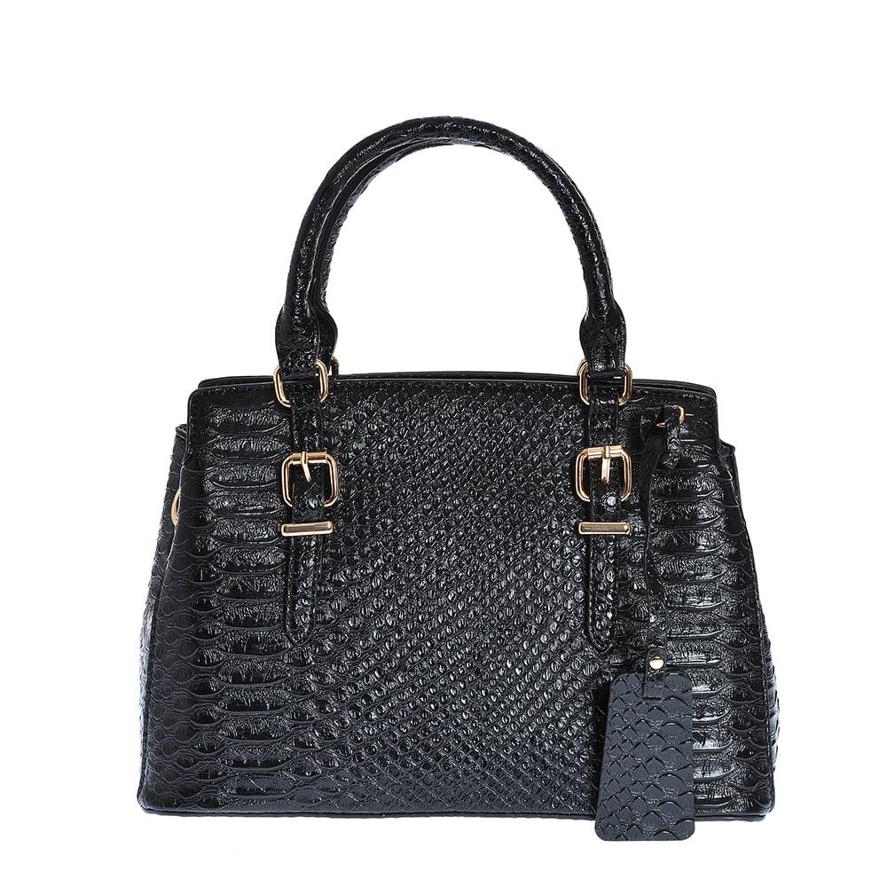 Geanta neagra cu manere fixe si aspect piele de sarpe - 4 | YEO