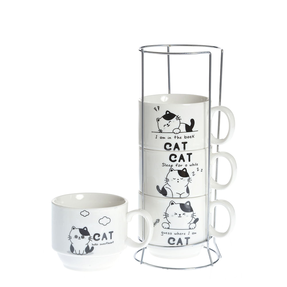 Set 4 cesti albe imprimeu pisici - 1 | YEO