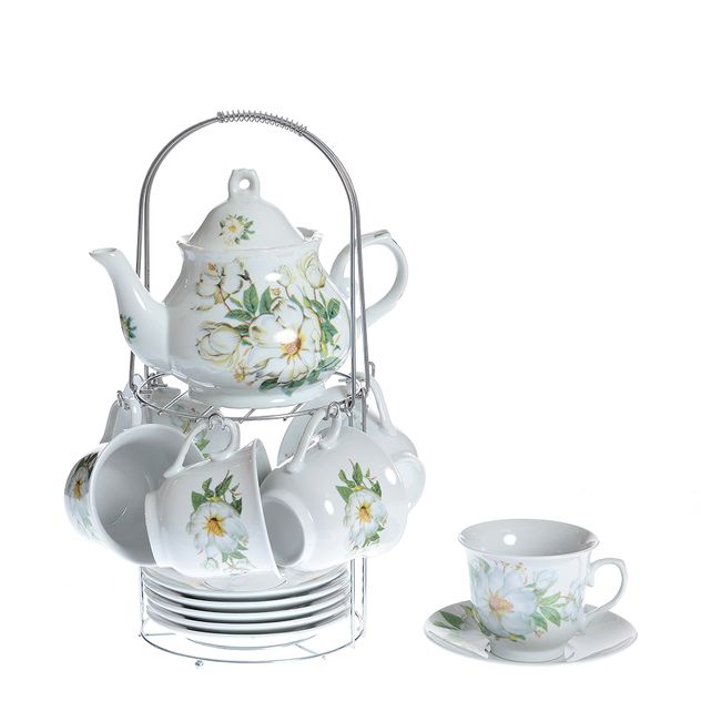 Set ceainic cu 6 cesti si 6 farfurii cu imprimeu floral