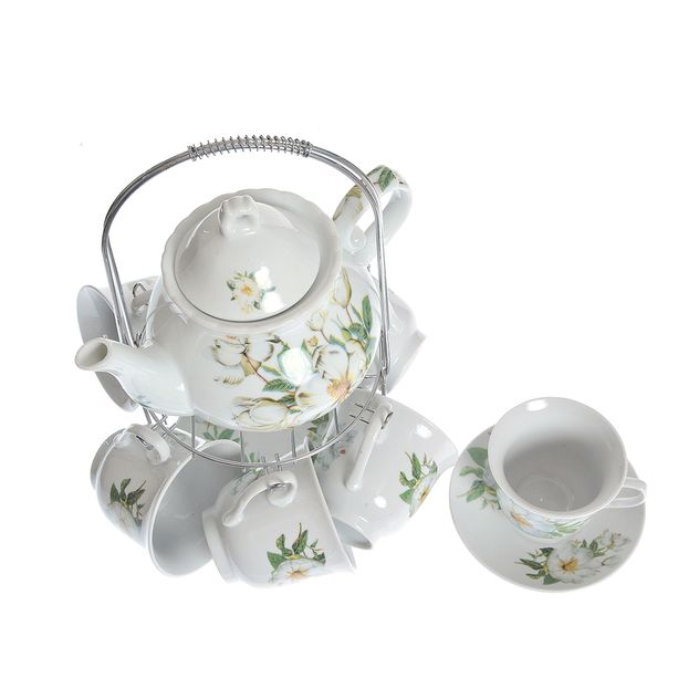 Set ceainic cu 6 cesti si 6 farfurii cu imprimeu floral