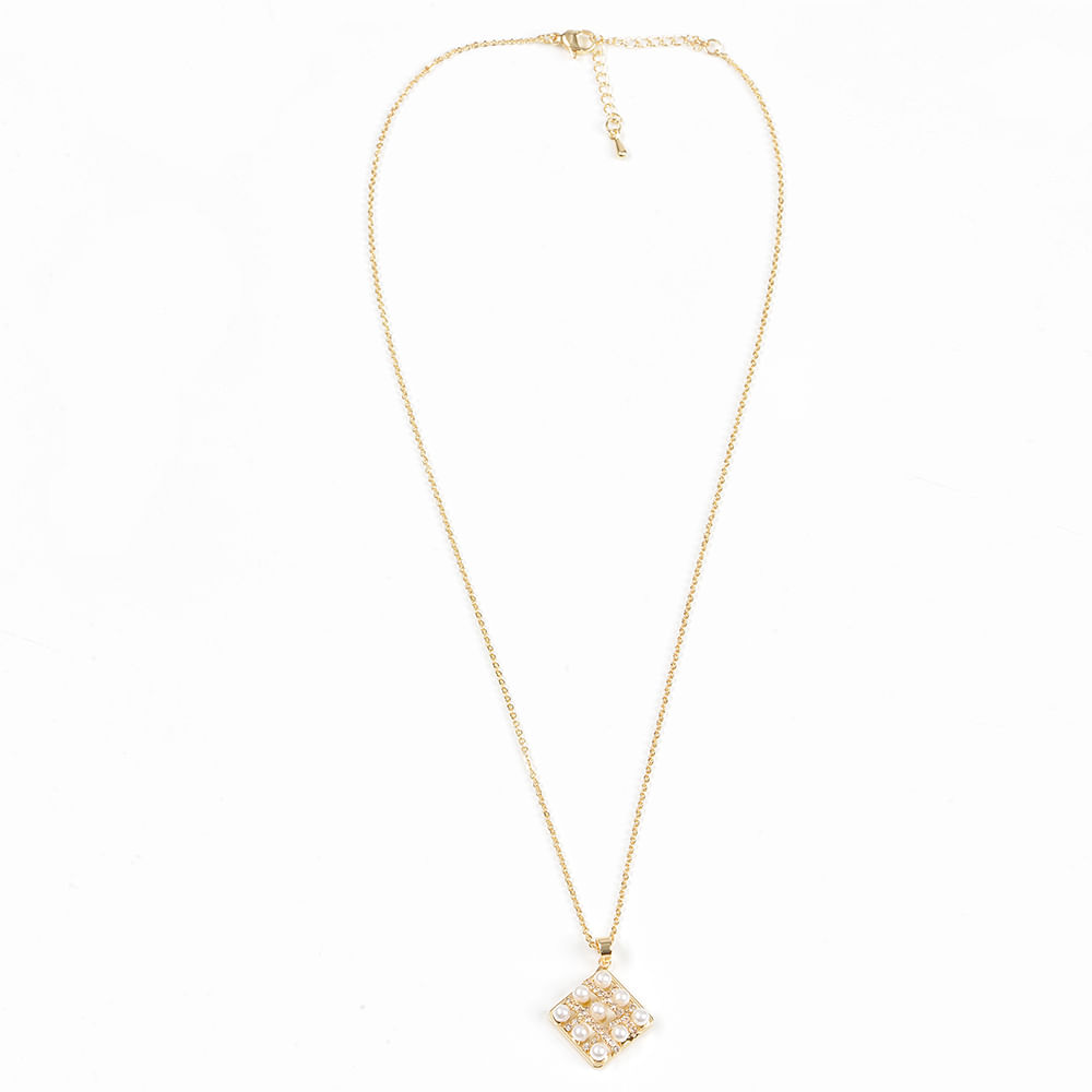 Colier elegant cu pandantiv geometric auriu si perle