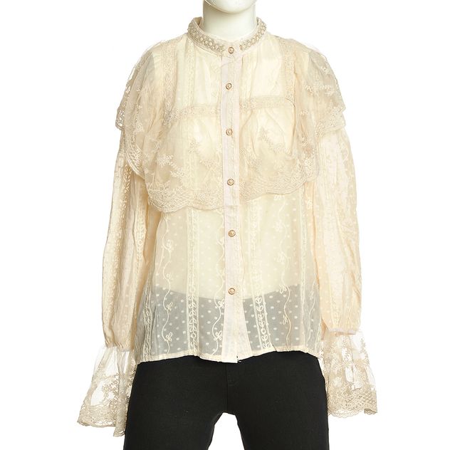 Bluza ivory cu dantela si guler decorat cu perle