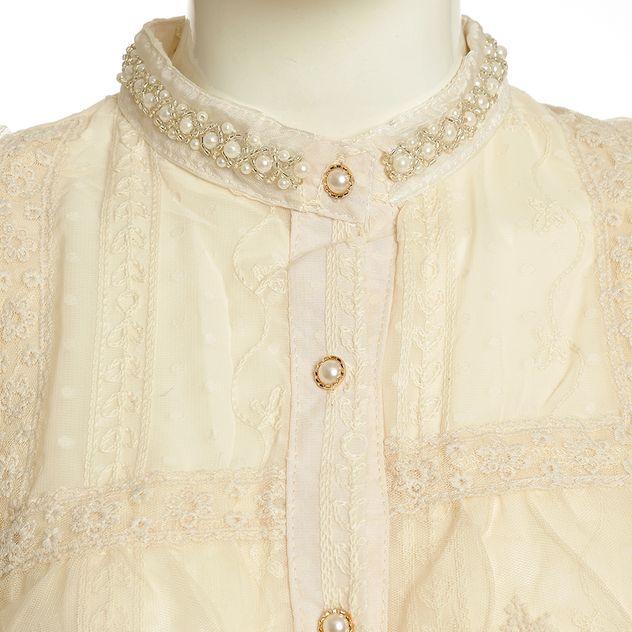 Bluza ivory cu dantela si guler decorat cu perle