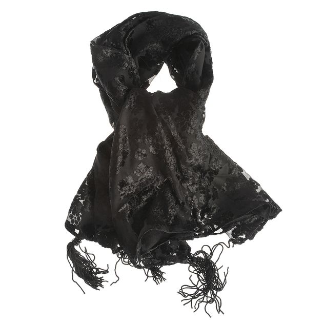 Esarfa neagra eleganta cu model floral si franjuri