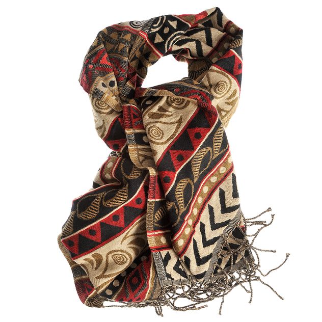 Esarfa lunga cu model etnic si franjuri decorative