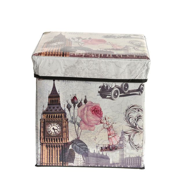 Taburet cu spatiu de depozitare si imprimeu retro Londra