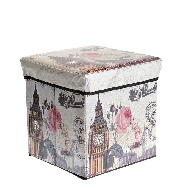 Taburet cu spatiu de depozitare si imprimeu retro Londra