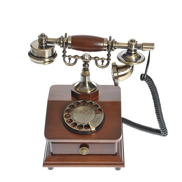 Telefon decorativ retro cu baza din lemn si finisaje bronz antic