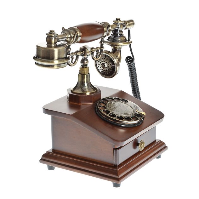Telefon decorativ retro cu baza din lemn si finisaje bronz antic