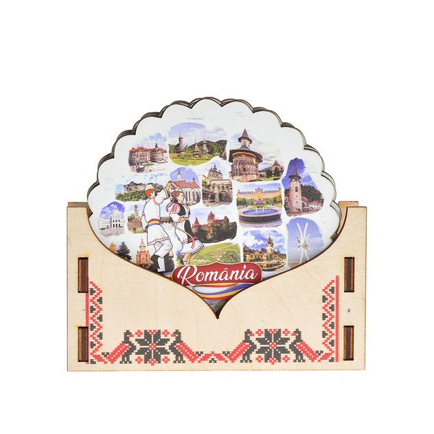 Set suporturi de pahare cu peisaje din Romania si suport decorativ