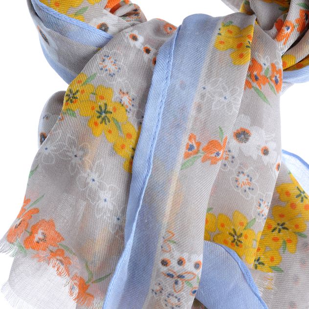 Esarfa bleu din vascoza cu flori multicolore