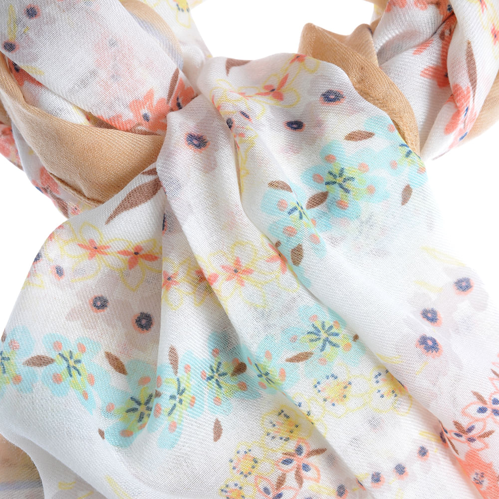 Esarfa taupe din vascoza cu flori multicolore - 1 | YEO