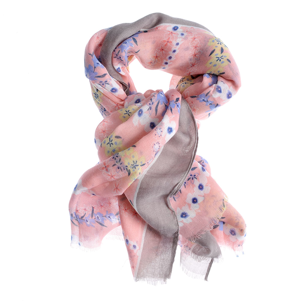 Esarfa roz din vascoza cu flori multicolore