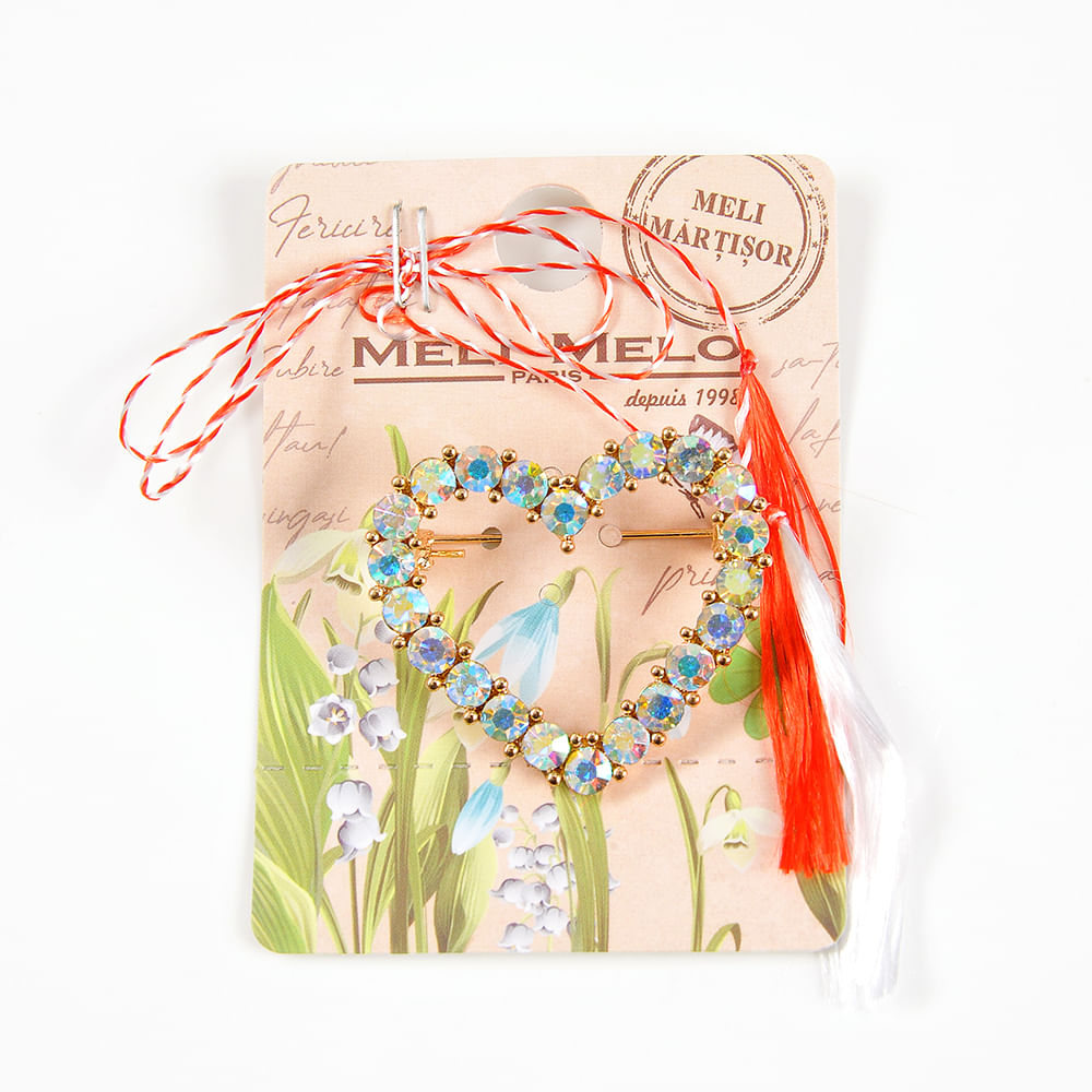Brosa martisor inima cu pietre roz - 1 | YEO