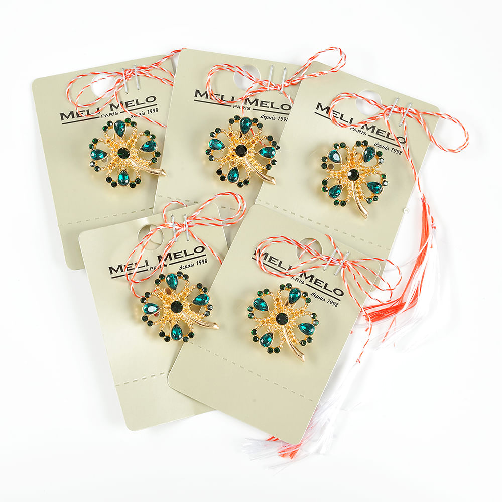 Set 5 brose martisor trifoi auriu cu pietre verzi - 2 | YEO