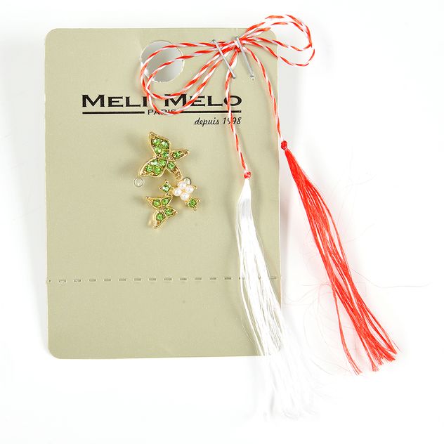 Brosa martisor fluturi aurii cu pietre verzi