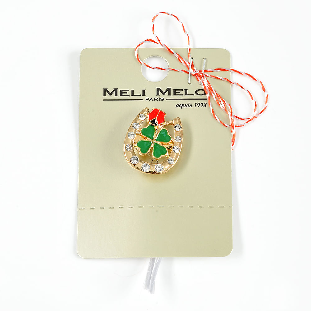 Brosa aurie martisor potcoava cu trifoi si buburuza - 1 | YEO