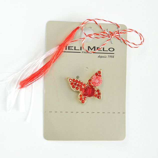 Brosa martisor  fluture cu pietre rosii