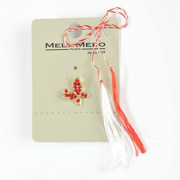 Brosa martisor fluture auriu cu pietre mici rosii