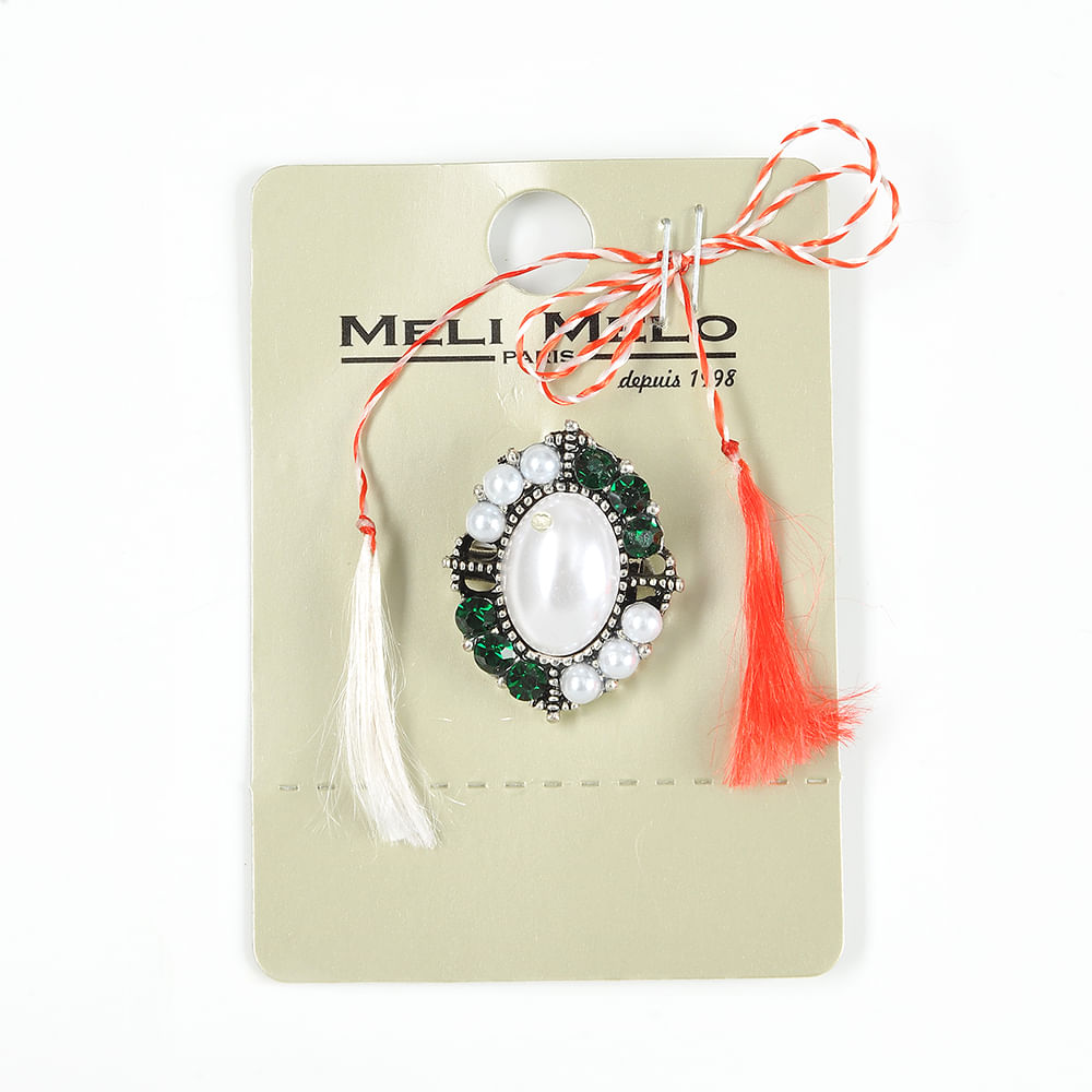 Brosa ovala martisor cu perle si pietre verzi - 1 | YEO