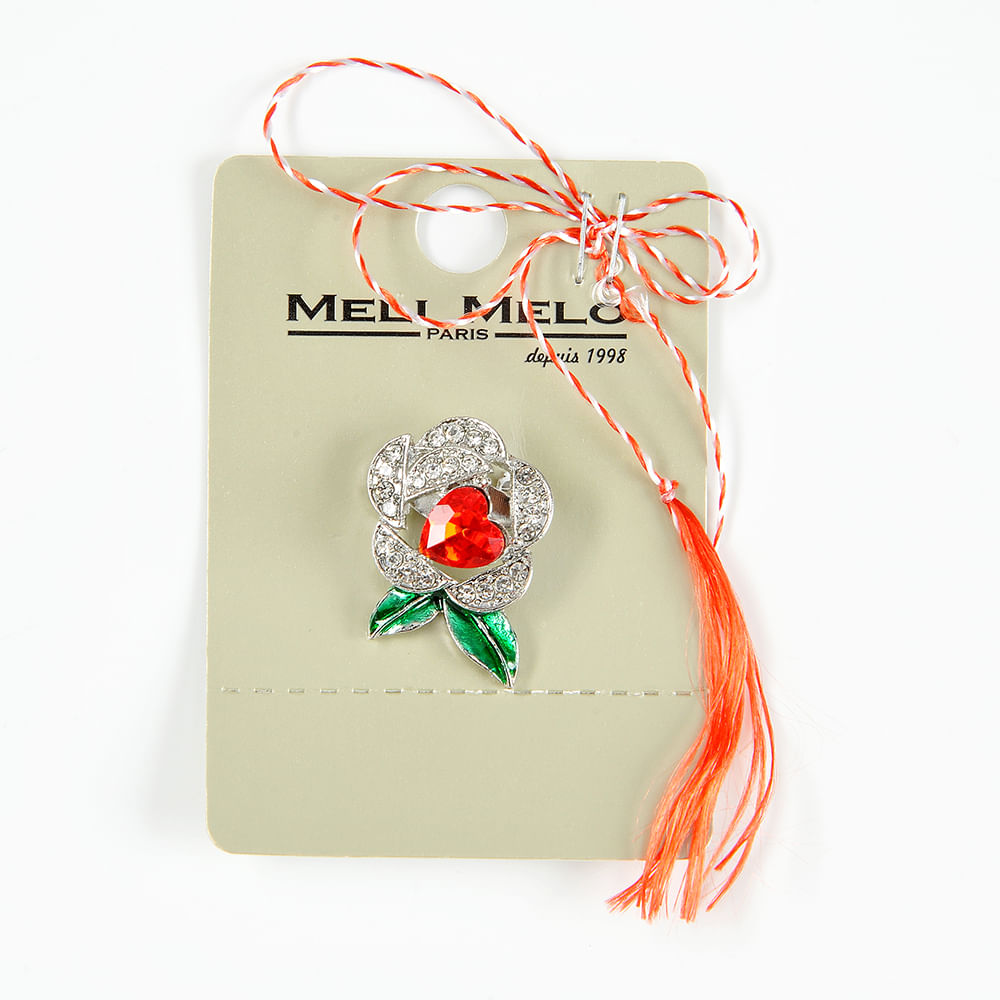 Brosa martisor floare argintie cu inima rosie - 1 | YEO