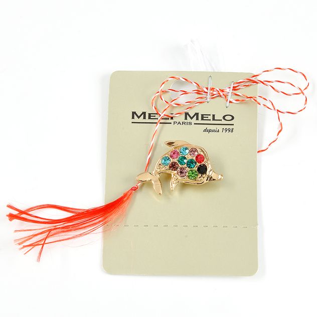 Brosa martisor delfin auriu cu pietre multicolore