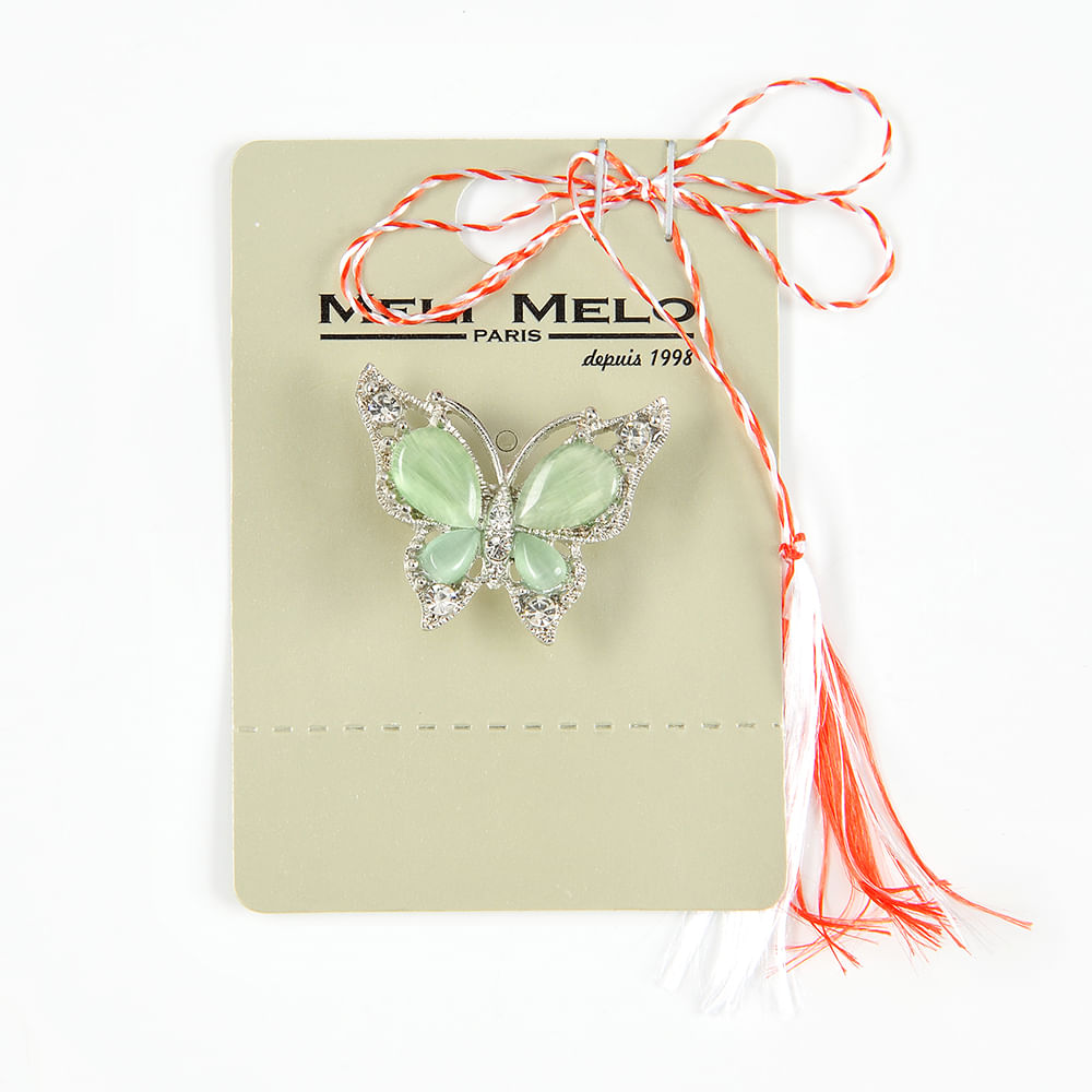 Brosa martisor fluture argintiu cu aripi verzi - 1 | YEO