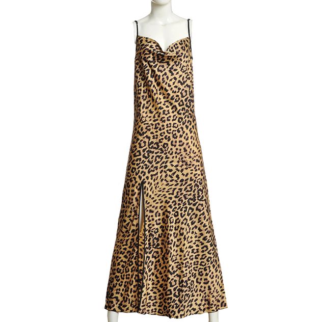 Rochie lunga cu bretele subtiri si imprimeu leopard