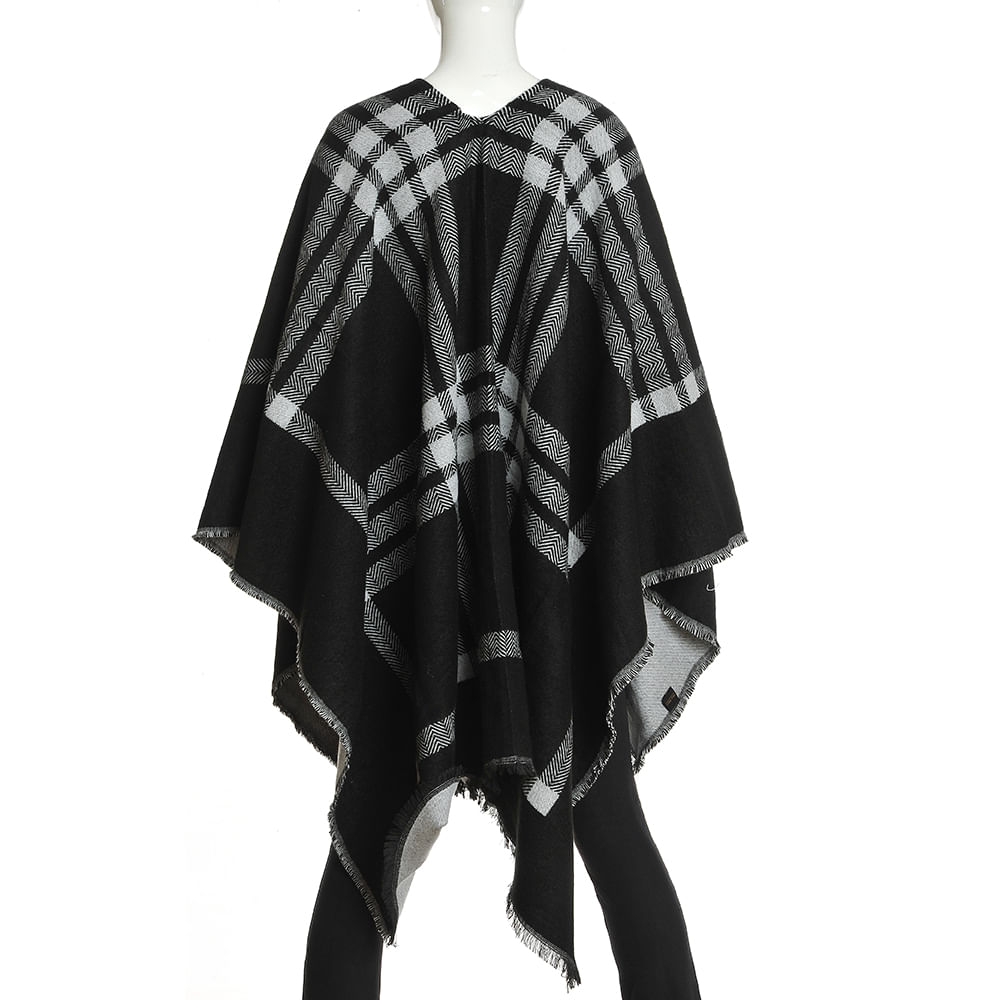 Poncho negru cu margini franjurate - 2 | YEO