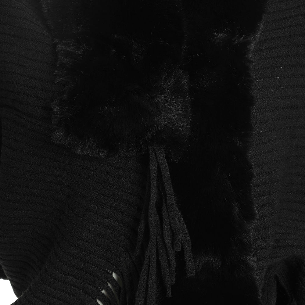 Poncho negru cu guler din blana artificiala - 1 | YEO