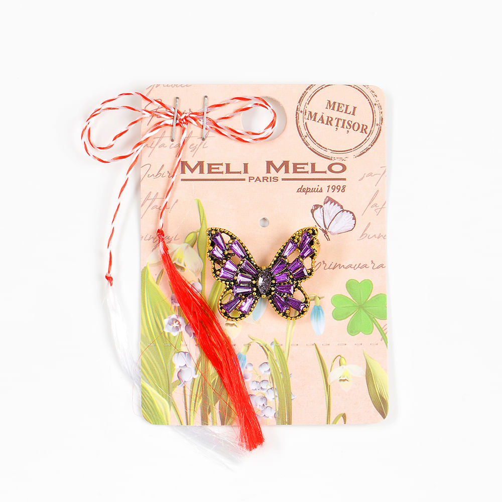 Brosa martisor fluture auriu cu aripi mov - 1 | YEO