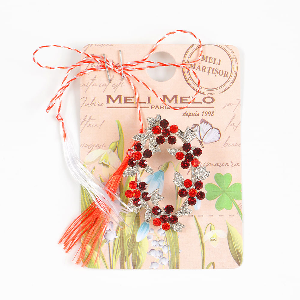 Brosa martisor argintie cu flori rosii - 1 | YEO