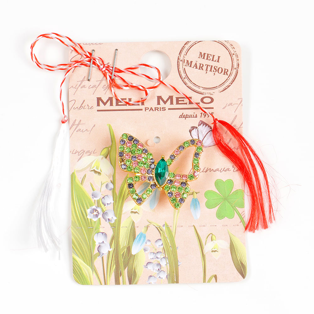 Brosa martisor fluture cu pietre roz si verzi - 1 | YEO