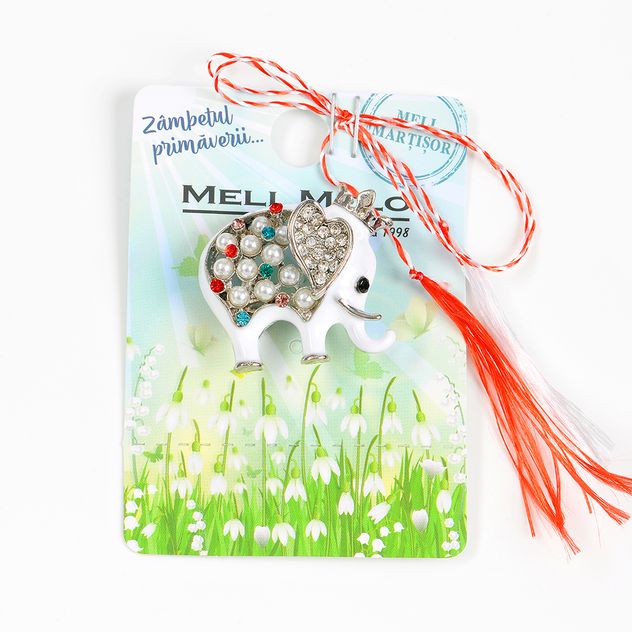 Brosa martisor  elefant alb cu perle