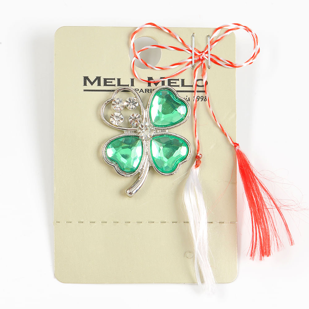 Brosa martisor trifoi argintiu cu pietre verzi - 1 | YEO