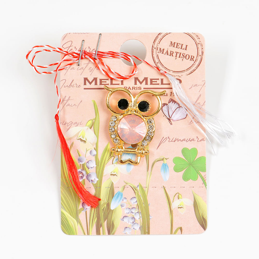 Brosa martisor bufnita aurie cu piatra roz - 1 | YEO