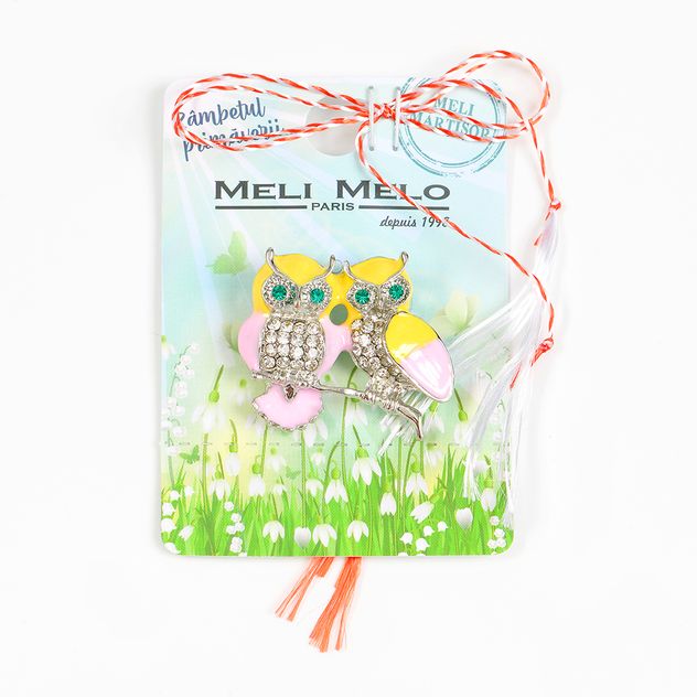 Brosa martisor doua bufnite cu ochi verzi