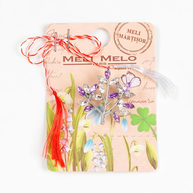 Brosa martisor pom cu pietre albe si mov