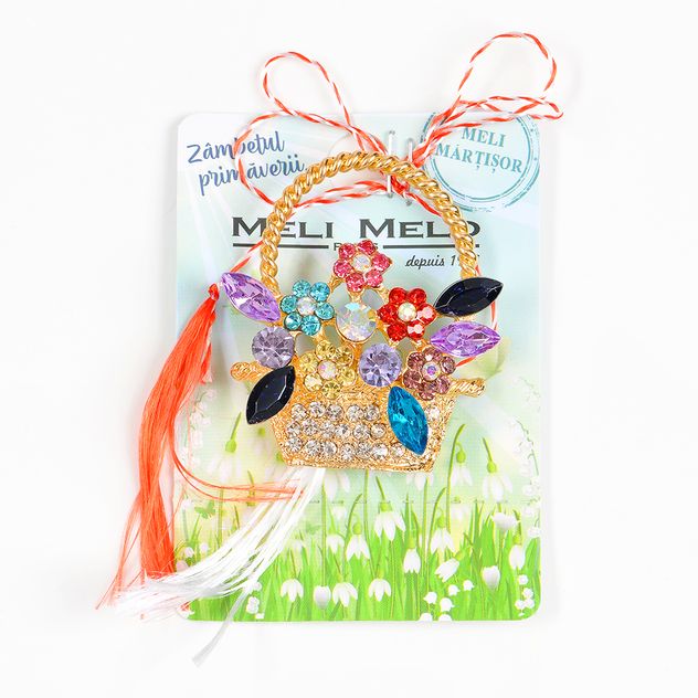 Brosa martisor cos cu flori multicolore