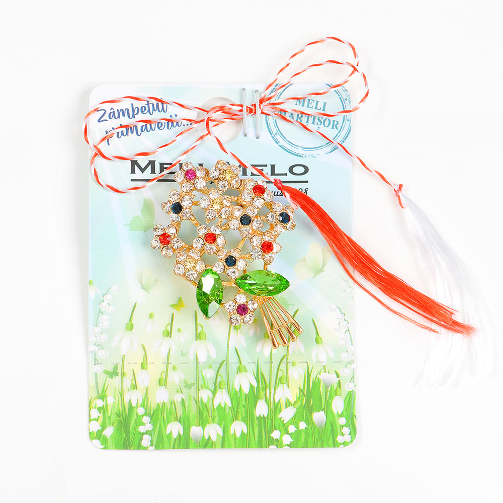 Brosa martisor buchet de flori cu pietre multicolore - 1 | YEO