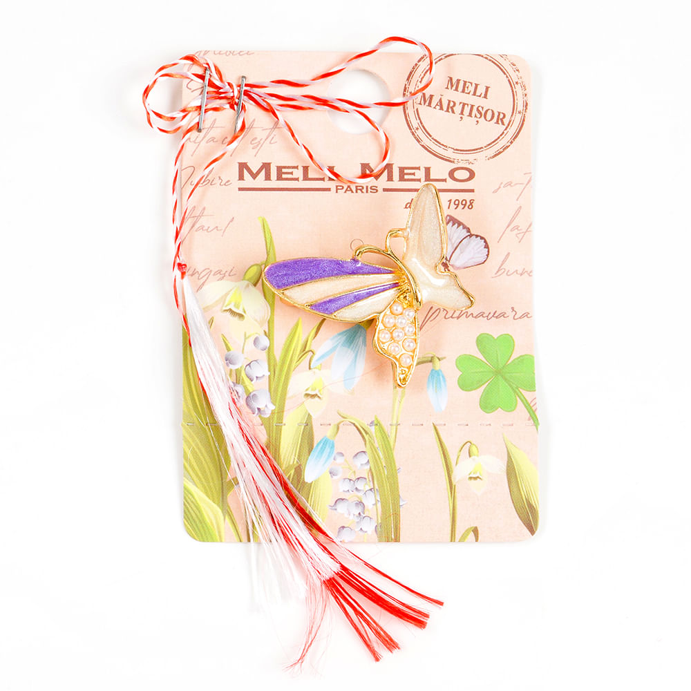 Brosa martisor fluture auriu cu aripi mov - 1 | YEO