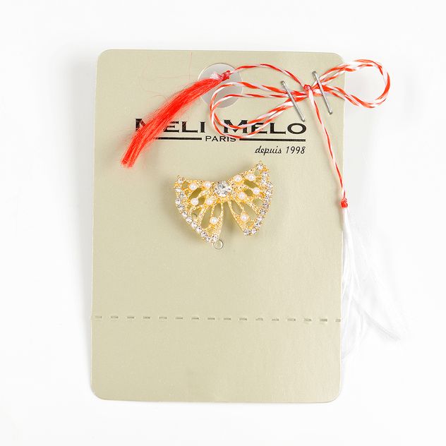 Brosa martisor fundita cu perle albe si pietre