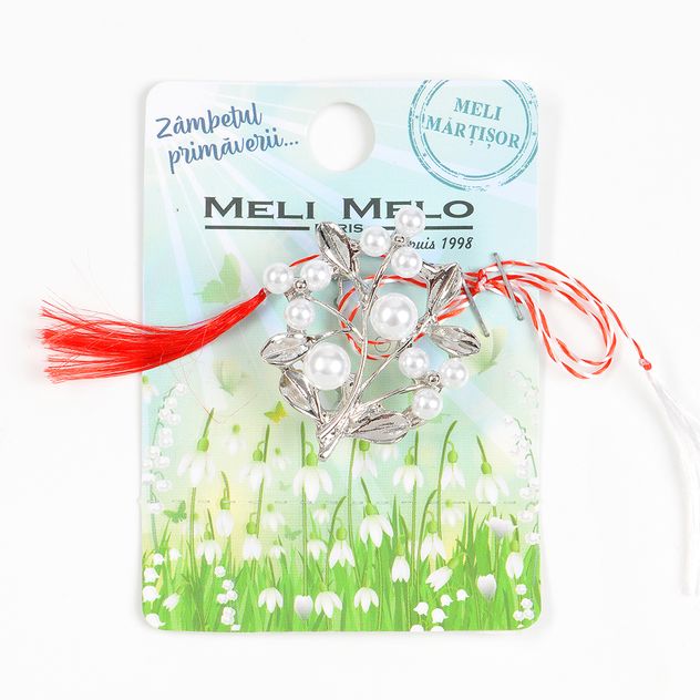 Brosa martisor flori cu perle albe acrilice
