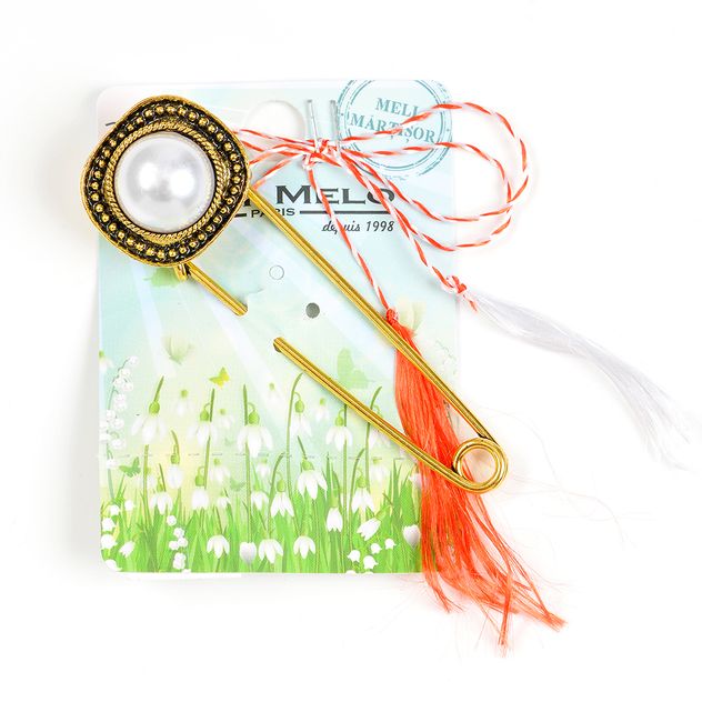 Brosa martisor tip ac de siguranta cu perla alba