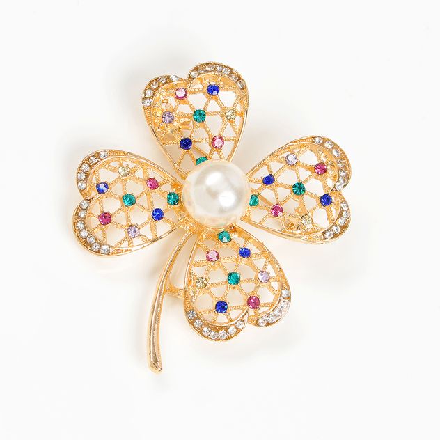 Brosa martisor trifoi auriu cu pietre colorate