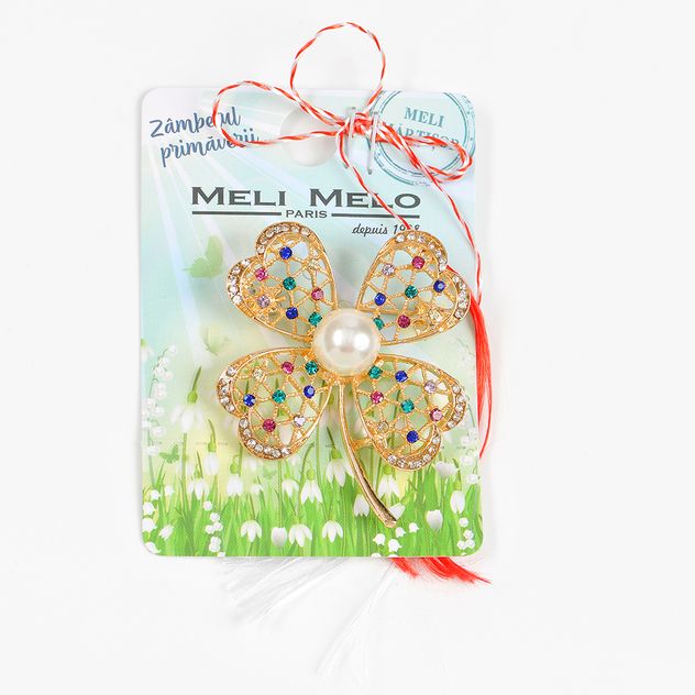 Brosa martisor trifoi auriu cu pietre colorate