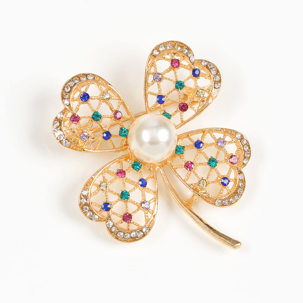 Brosa martisor trifoi auriu cu pietre colorate - 2 | YEO